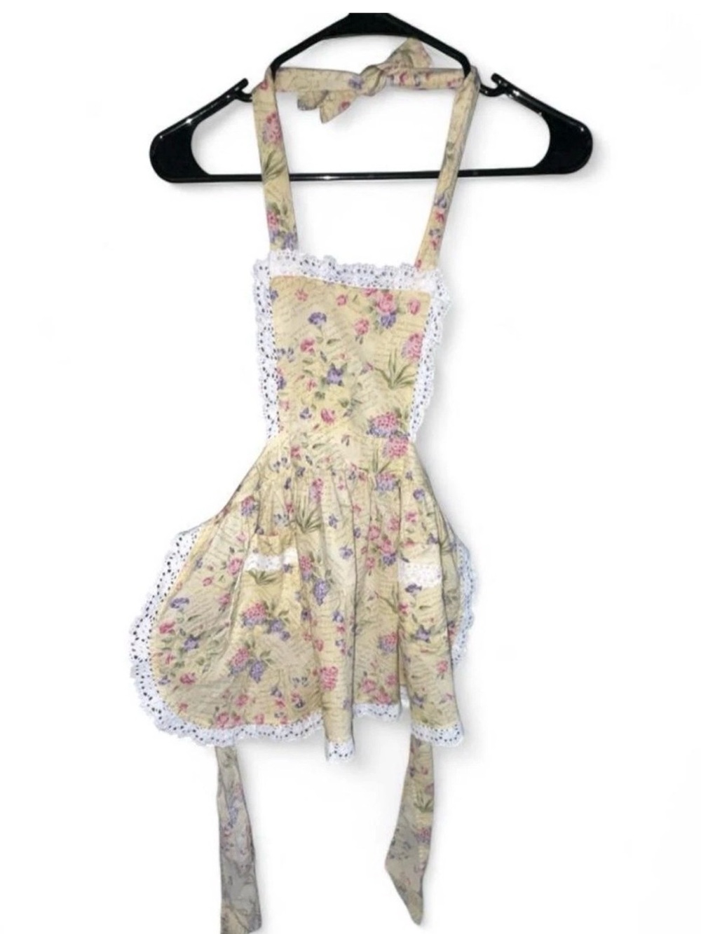 Vintage Marlene Goodman XS Yellow Floral 100% Cotton Apron Lace Trim Cottage